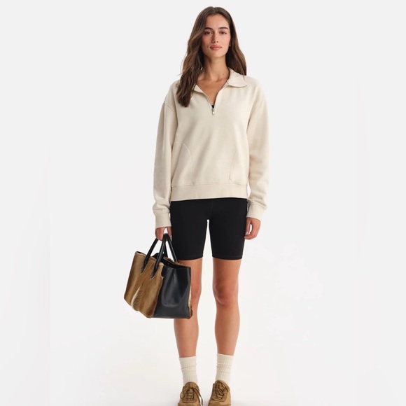 Mate The Label Organic Cotton Fleece Quarter Zip Sweatshirt Cream Pullover Med - Picture 10 of 16